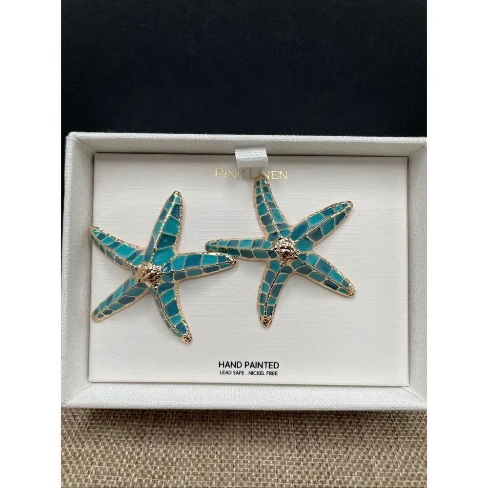Pink Linen Starfish Hand painted Earrings Blue